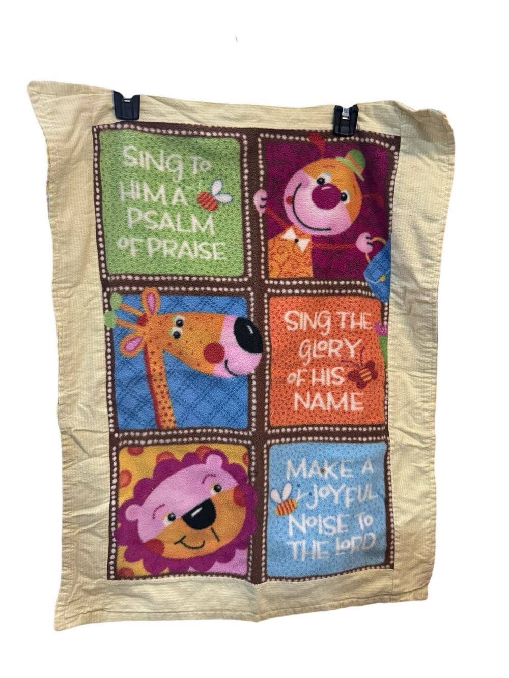 Handmade Religious Lion Giraffe Baby Blanket 25”x20” Cotton Make A Joyful Noise